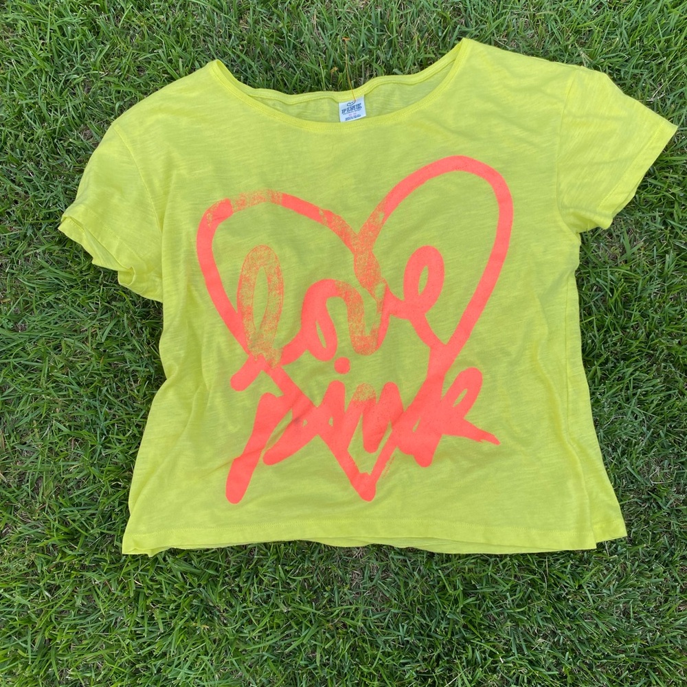 PINK Victoria's Secret Women Top Medium Yellow T-Shirt Love Pink Tee